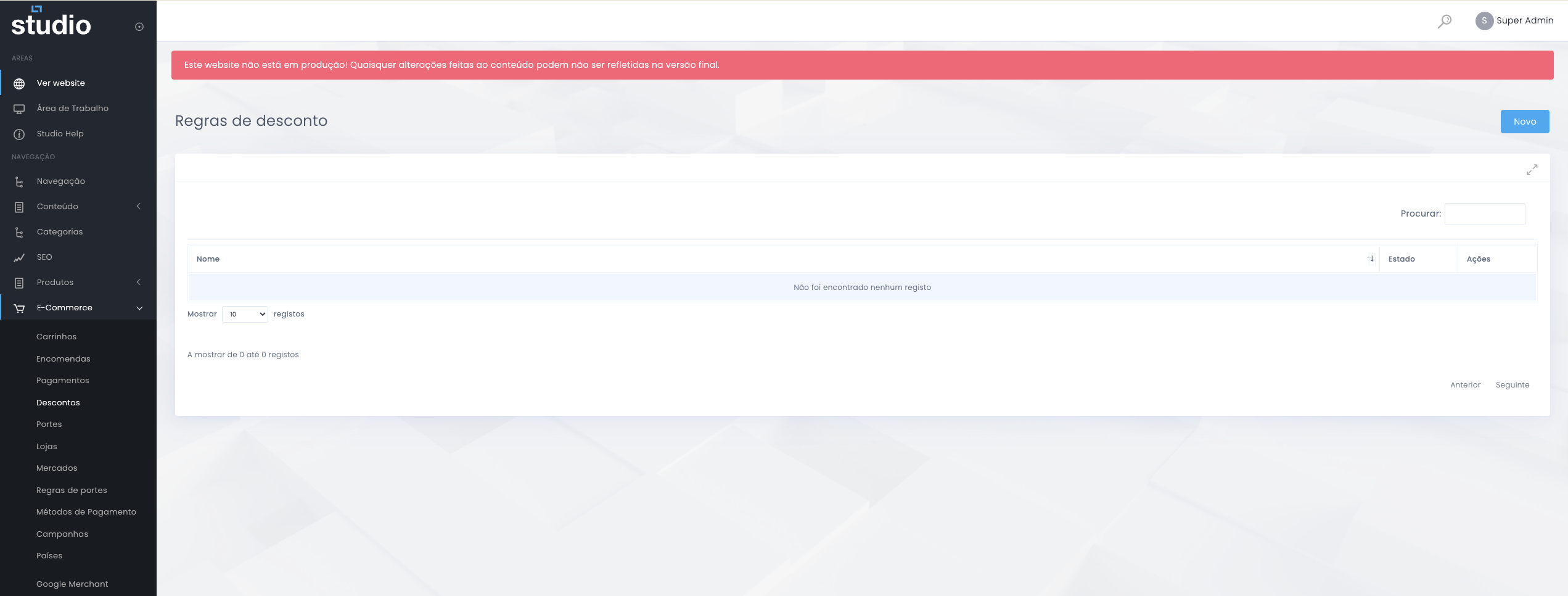 Listagem de descontos no E-commerce do Studio CMS